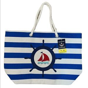 Marine Nautical Blue White Striped Large Beach Picnic Lined Cooler Tote NWT